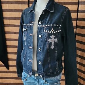 Custom made cross rhinestone jean jacket